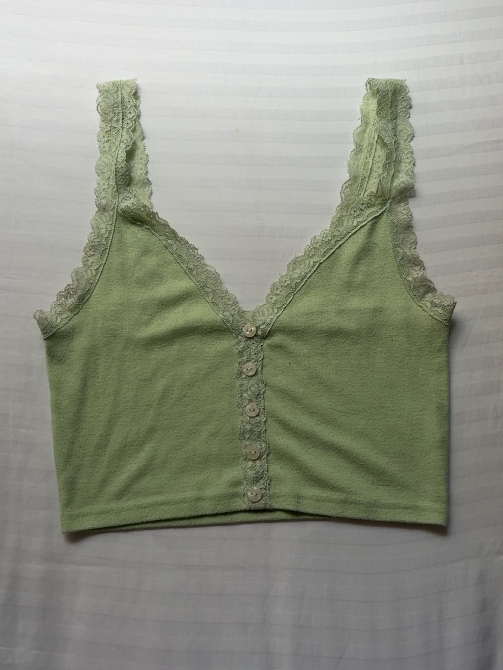 Lace Trim Light Green Button-Front Crop Tank